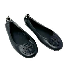 Tory Burch Minnie Travel Flats Black Leather Tonal Logo Ballet Shoes Size 7.5
